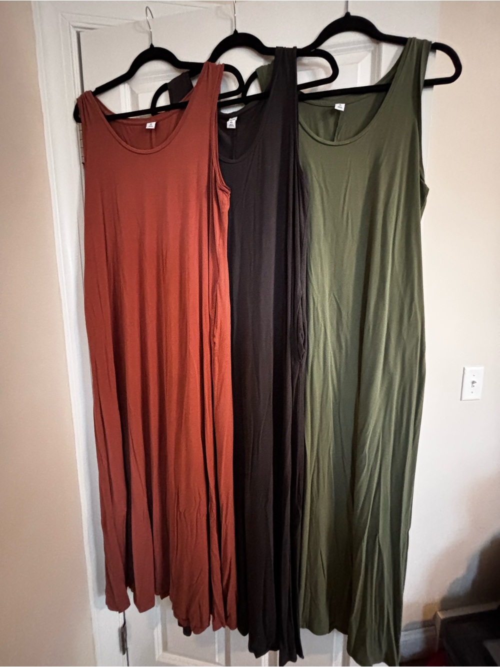 (3) Old Navy Sleeveless Maxi Dress Trio in Rust, Black & Olive